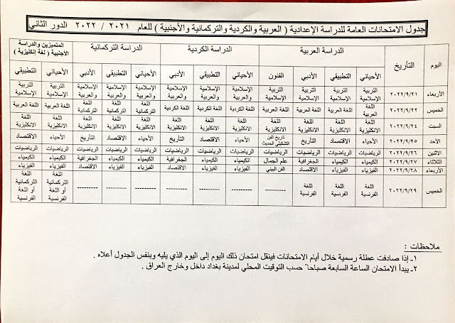 جدول امتحانات السادس الإعدادي الدور الثاني 2022 جدول امتحانات السادس الإعدادي الدور الثاني 2022